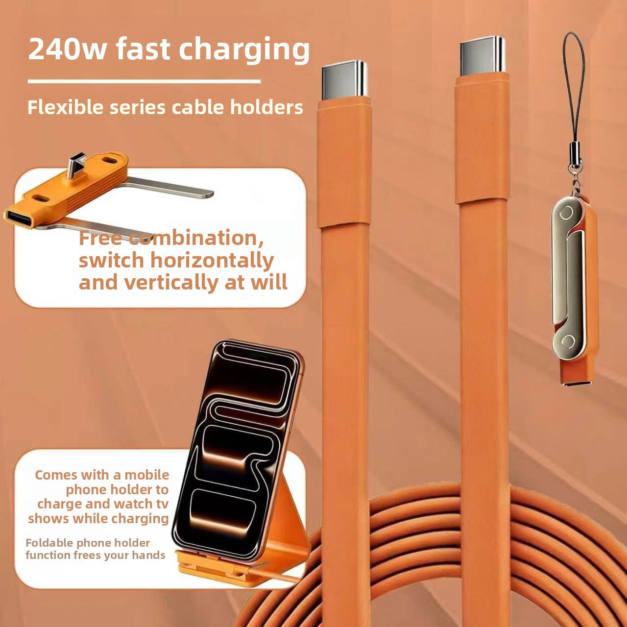 240W Fast Charging Data Cable with Phone Holder for Mobile Gaming
